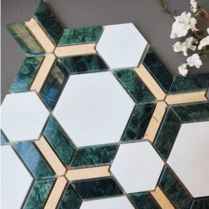 Close-up of premium natural stone mosaic sheet with polished finish and intricate veiningMST039 FOC Tile