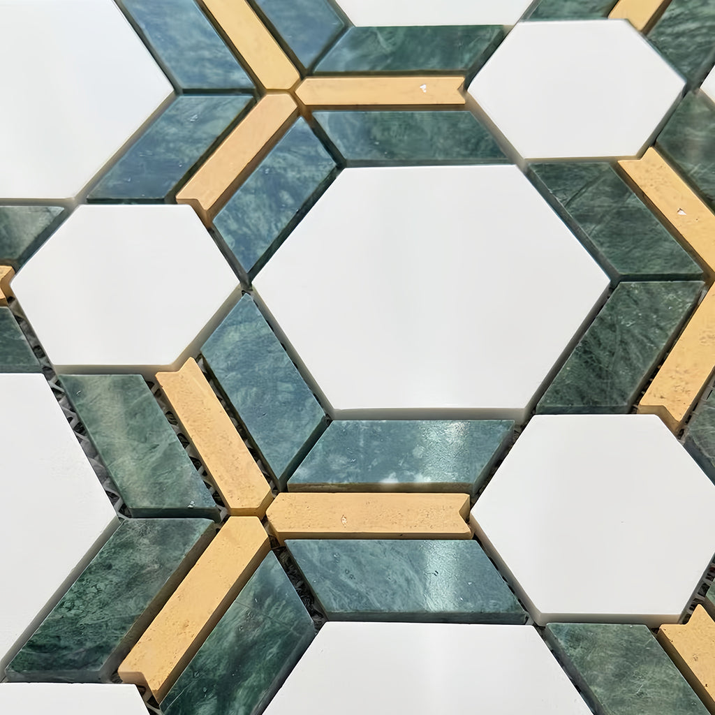 Multi-dimensional hexagon marble tile with embedded gold-toned stone strips for luxury decorMST039 FOC Tile