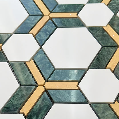 Multi-dimensional hexagon marble tile with embedded gold-toned stone strips for luxury decorMST039 FOC Tile