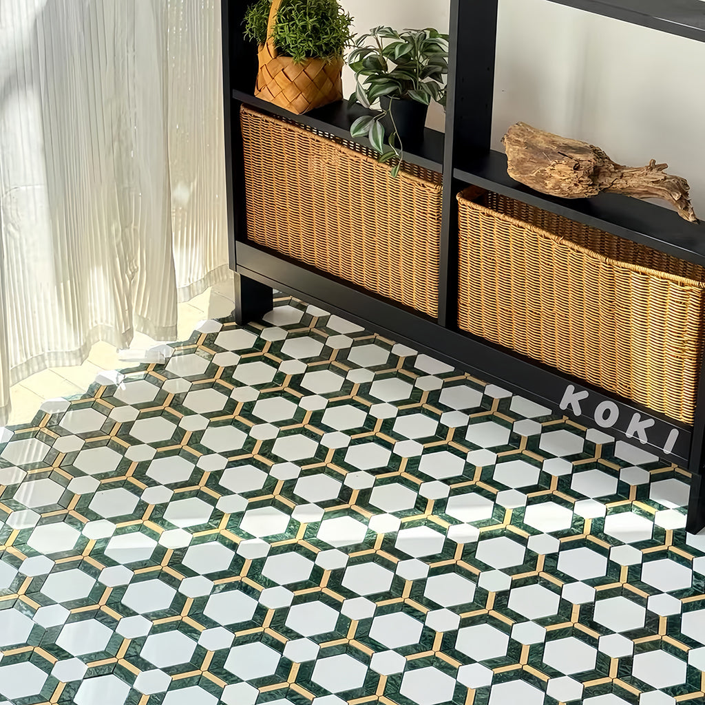 Artistic marble mosaic tabletop decor with fresh floral arrangement on geometric stone patterns MST039 FOC Tile