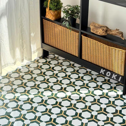 Artistic marble mosaic tabletop decor with fresh floral arrangement on geometric stone patterns MST039 FOC Tile