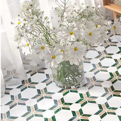 Hand-assembled natural marble mosaic mesh, showing precise craftsmanship and vibrant stone colors MST039 FOC Tile