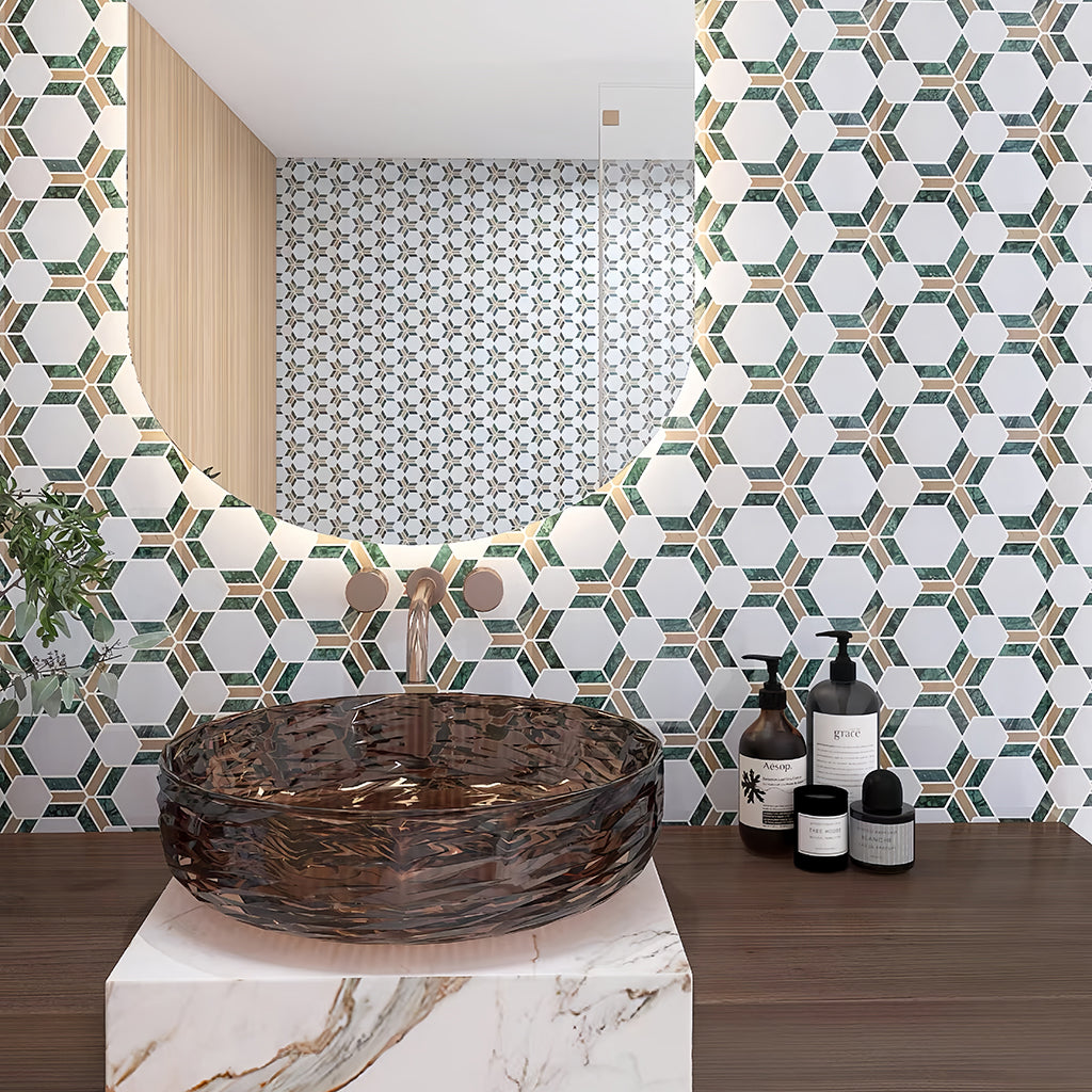 Upscale bathroom vanity wall with backlit mirror highlighting textured marble mosaic tiles MST039 FOC Tile