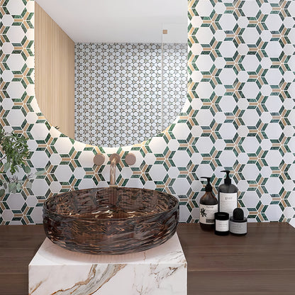 Upscale bathroom vanity wall with backlit mirror highlighting textured marble mosaic tiles MST039 FOC Tile