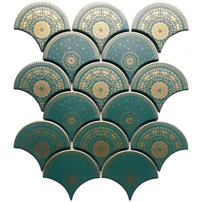 Green Fish-Scale Gold lined porcelain handmade Mosaic Tile - bathroom & kitchen wall and backsplash CPT220