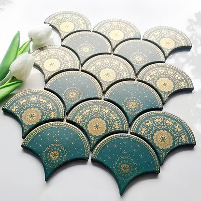 Green Fish-Scale Gold lined porcelain handmade Mosaic Tile - bathroom & kitchen wall and backsplash CPT220