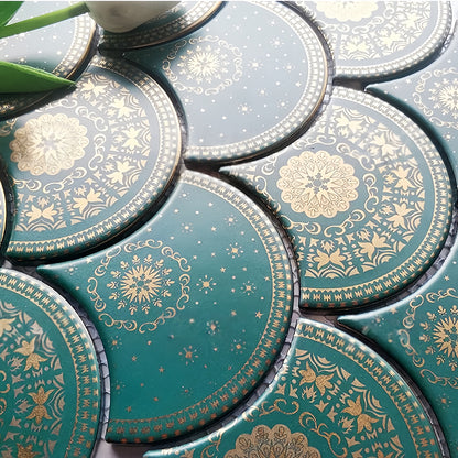 Green Fish-Scale Gold lined porcelain handmade Mosaic Tile - bathroom & kitchen wall and backsplash CPT220