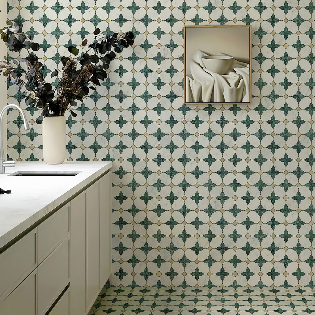 Floral Leaf Metal & Stone Mosaic Tile For Bathrooms and Kitchen Backsplashes MST023