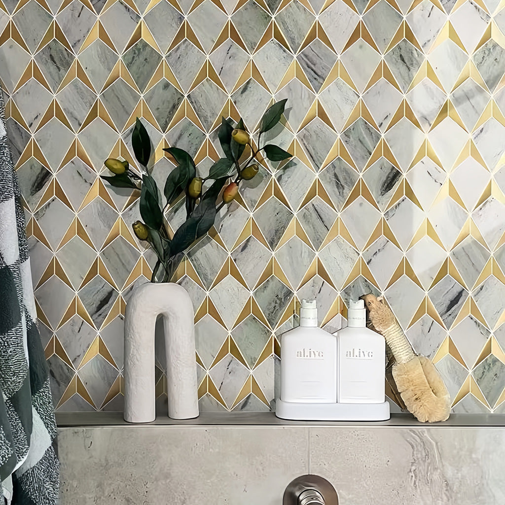 Light Luxury Geometric Stone & Metal Mosaic Tile For Bathrooms and Kitchen Backsplashes MST025