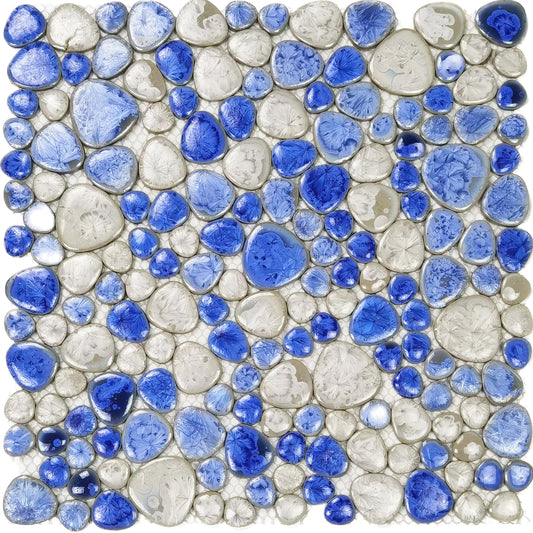 Uniquely Crafted Blue Pebble Floor Tile Cobblestone Porcelain Mosaic - Ideal for DIY Flooring Projects FCCPT32